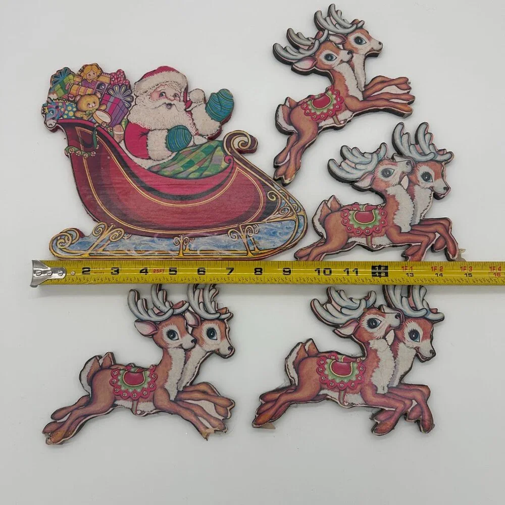 VTG Beistle Santa Sleigh & Reindeer Christmas Die Cut Decoration ON‎ WOOD